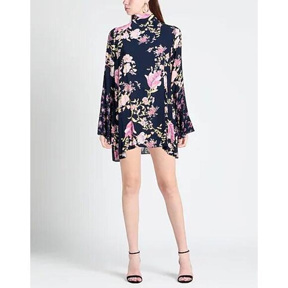 Free People Dresses & Skirts - Free People NWT  Floral Tate Dress XS Blue Cut Out Viscose Tie Bell Sleeve Tunic
